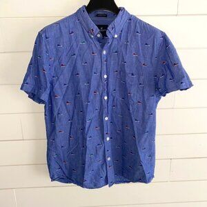 American Eagle Men's Seriously Soft Button-Down Shirt – Blue Sneaker Print